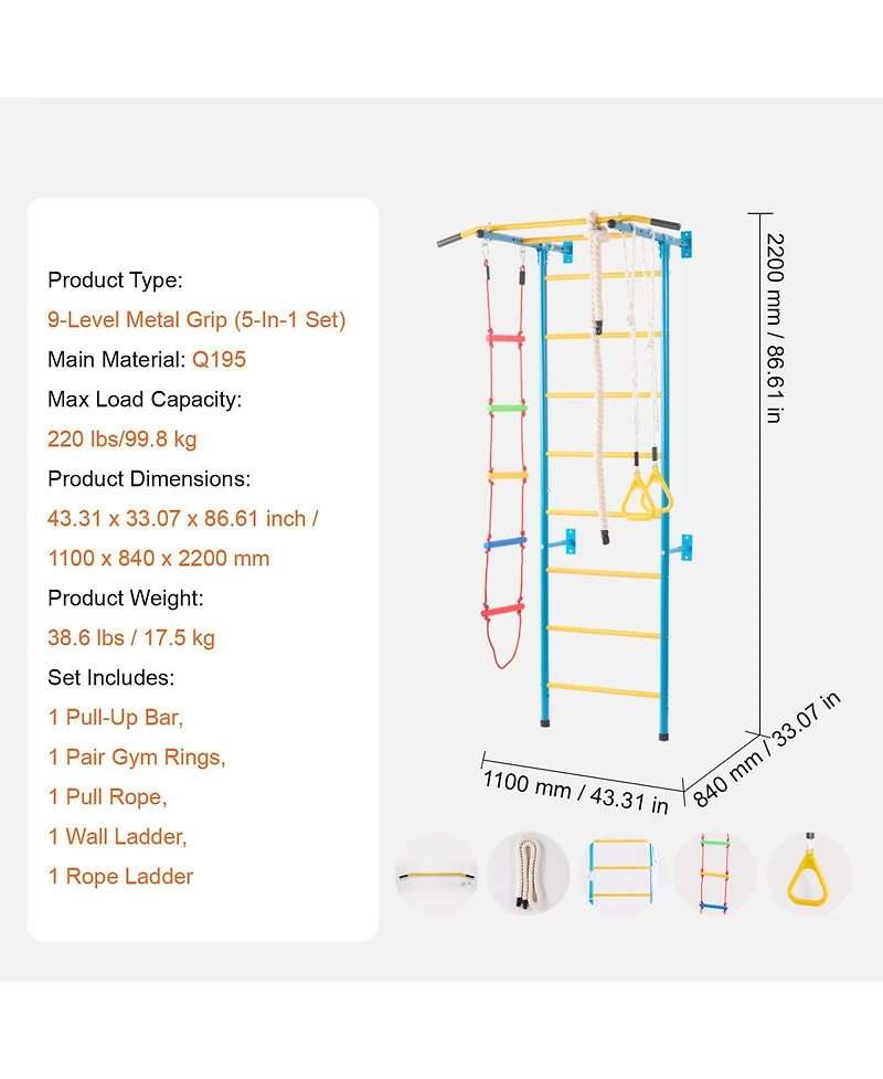 Slickblue Toddler 5 in 1 Steel Indoor Wall Gym with Climbing Toys Ladder and Swing Set