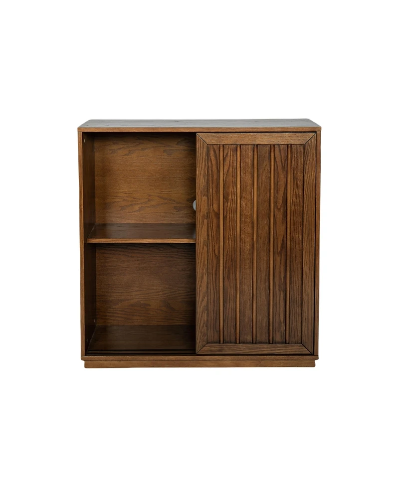 Mid Century Cabinet with 2 Sliding Door & Solid Wood Decorative Strips