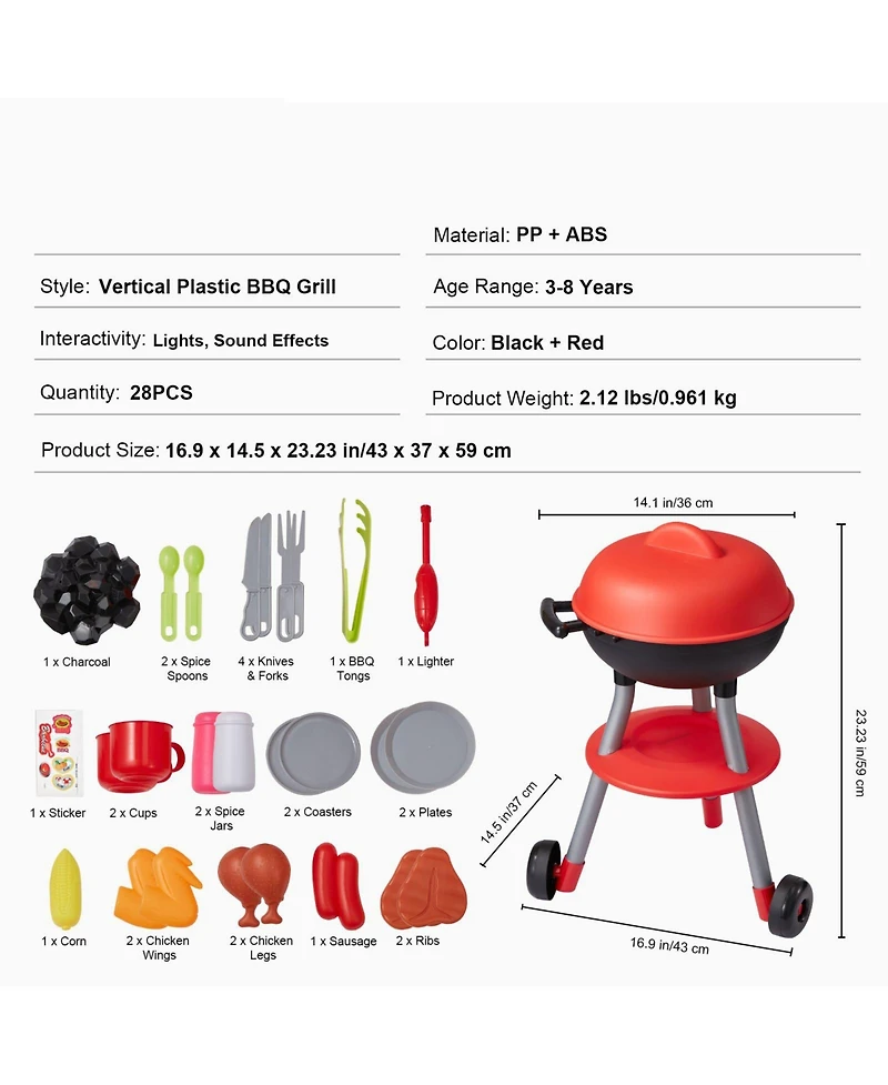 Slickblue 28 Piece Kids Bbq Grill Playset with Pretend Cooking Sound and Light Features