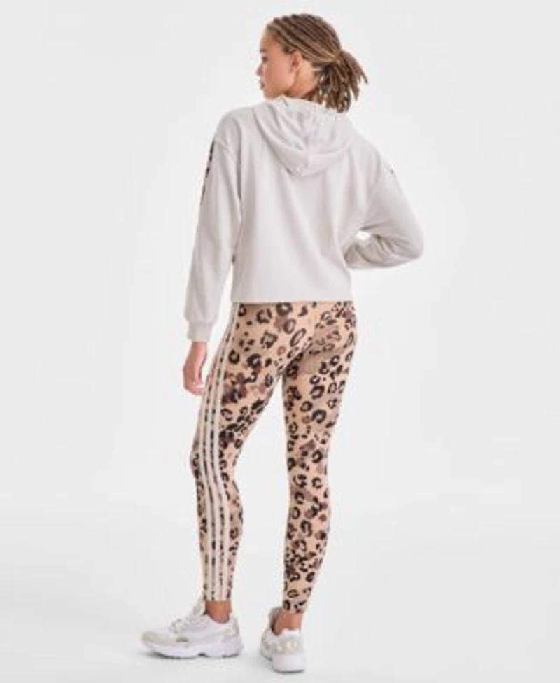 Adidas Womens Animal Print 3 Stripe French Terry Zip Hoodie Leopard Print High Rise Leggings