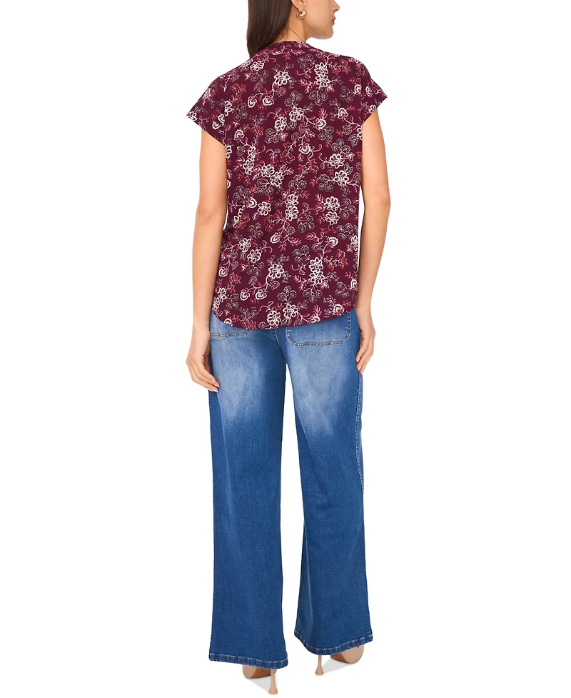 Vince Camuto Women's Floral-Print Split-Neck Short-Sleeve Blouse