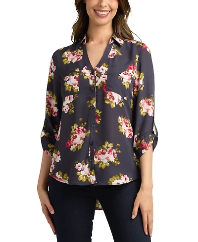 Bcx Juniors' 3/4-Sleeve Printed Button-Front Blouse