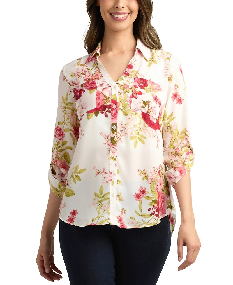 Bcx Juniors' 3/4-Sleeve Printed Button-Front Blouse