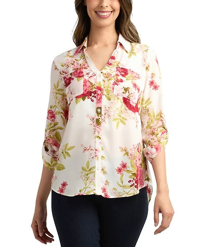 Bcx Juniors' 3/4-Sleeve Printed Button-Front Blouse