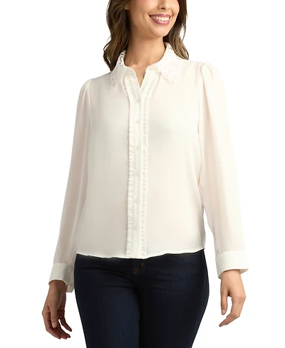 Bcx Juniors' Solid Lace-Collar Button-Front Blouse