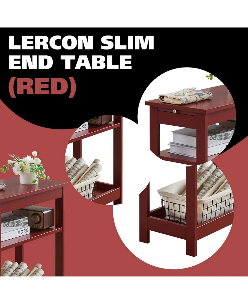 Kings Brand Furniture Slim Wood Side End Table with Storage Shelves & Pull-Out Tray, Nightstand for Bedroom, Living Room
