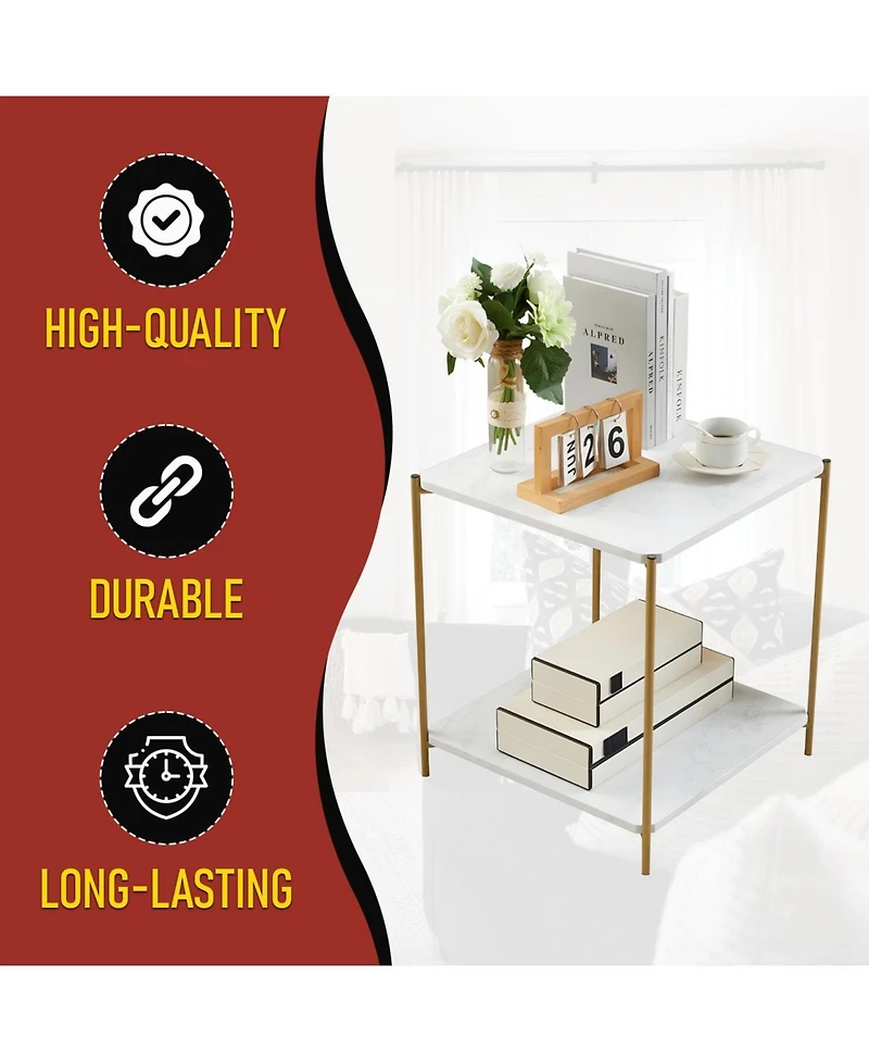Kings Brand Furniture Side End Table with Faux Marble Storage Shelves & Gold Metal Frame, Nightstand for Bedroom, Living Room, or Modern Accent Table