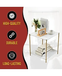 Kings Brand Furniture Side End Table with Faux Marble Storage Shelves & Gold Metal Frame, Nightstand for Bedroom, Living Room, or Modern Accent Table