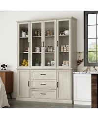 Homsee Modern gray white wood grain glass 6-door 3-drawer cabinet, storage cabinet, pantry