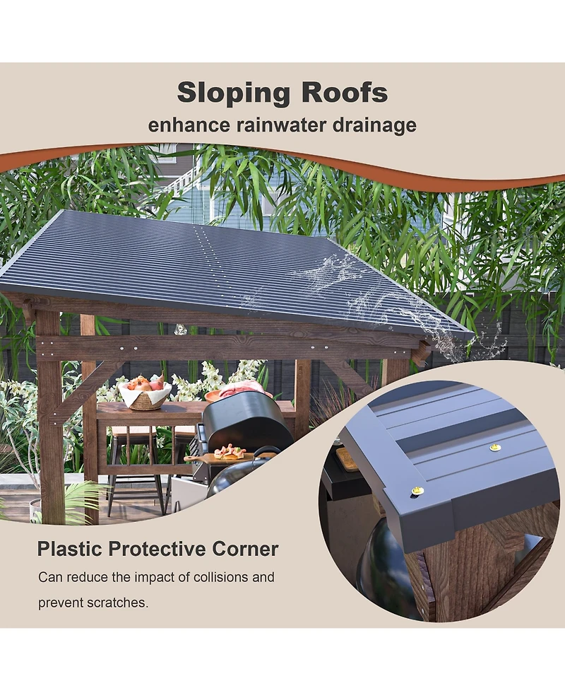Mondawe 13x6.5FT Wooden Bbq Pergola – Metal Roof Grill Gazebo with Bar Counters & Lights