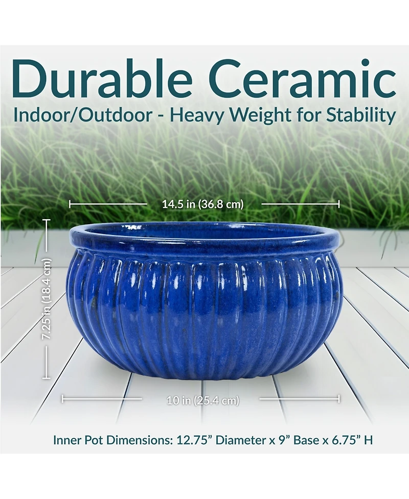 Sunnydaze Decor Ceramic Ribbed Planter Bowl - Imperial Blue - 14.5" Round