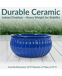 Sunnydaze Decor Ceramic Ribbed Planter Bowl - Imperial Blue - 14.5" Round