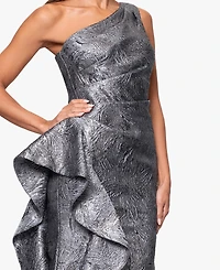 Xscape Petite One-Shoulder Ruffled Jacquard Gown