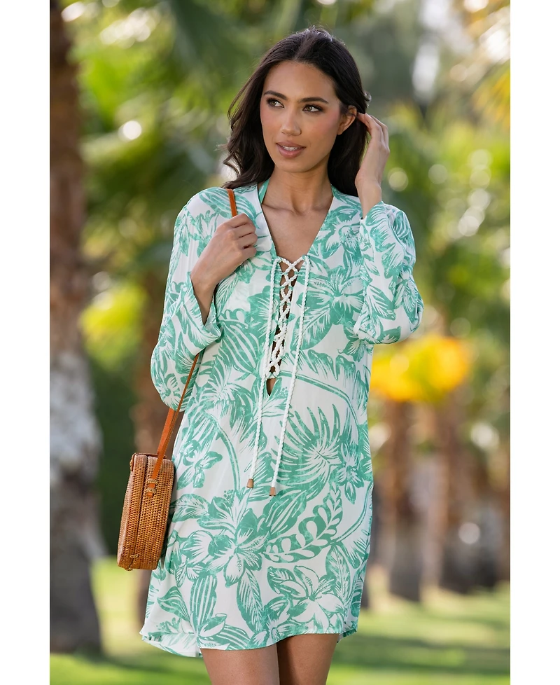 La Blanca Women's Batiki Lace-Front Tunic Cover-Up Dress