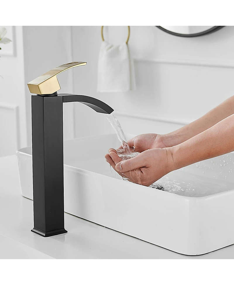Greenspring Waterfall Single Hole Handle Bathroom Vessel Sink Faucet With Pop Up Drain Without Overflow Matte Black & Gold