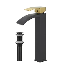 Greenspring Waterfall Single Hole Handle Bathroom Vessel Sink Faucet With Pop Up Drain Without Overflow Matte Black & Gold