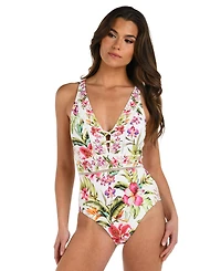 La Blanca Women's Polynesian Tummy-Control Plunge Lace-Inset One-Piece Swimsuit