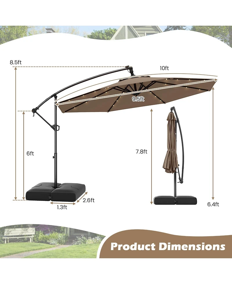Gymax 10 Ft Solar Offset Hanging Umbrella Patio Cantilever w/ 32 Led Lights
