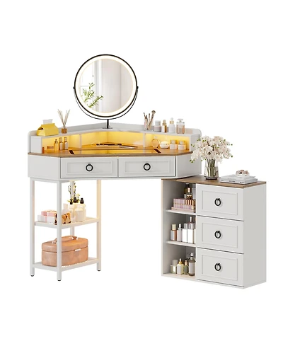 Vlsrka Corner vanity desk with mirror, three-color Led lights, and charging station.