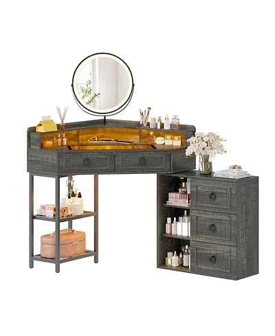 Vlsrka Corner vanity desk with mirror, three-color Led lights, and charging station.