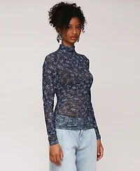 Avec Les Filles Women's Printed Mesh Mock Neck Ruched Top