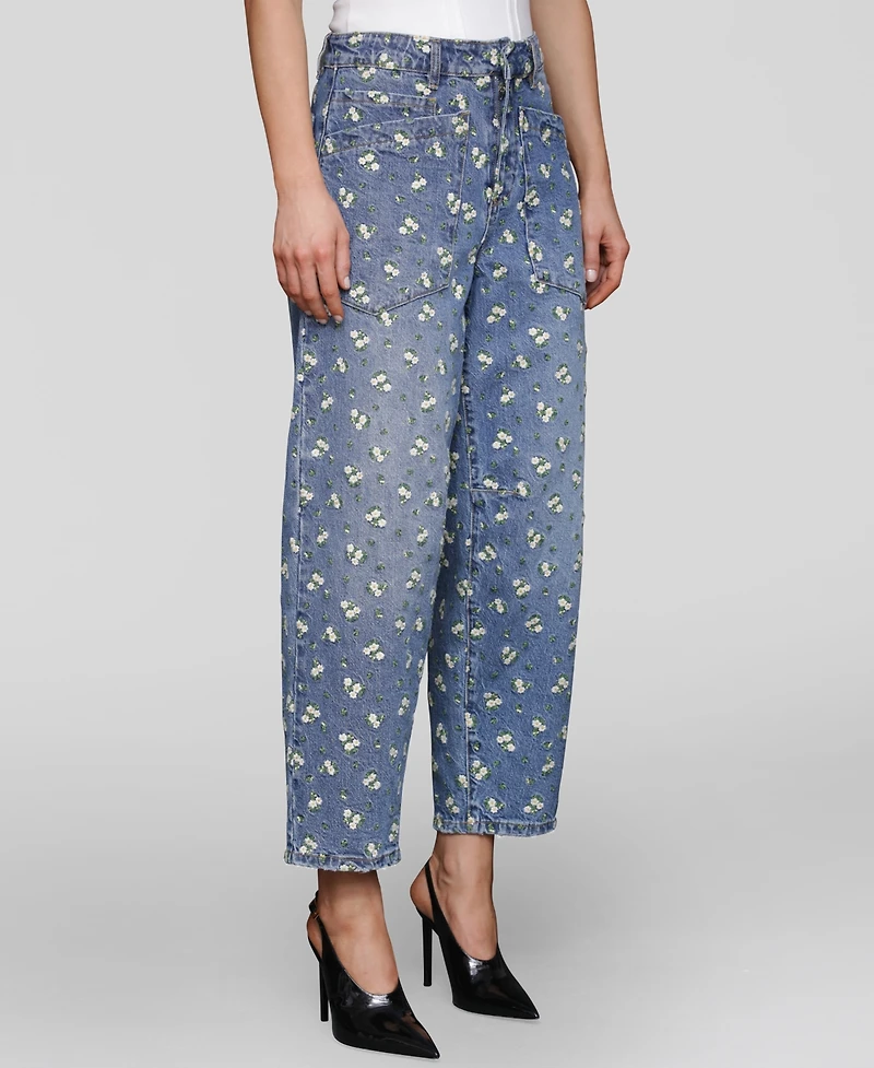 Avec Les Filles Women's Embroidered Barrel-Leg Jeans