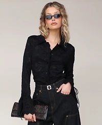 Avec Les Filles Women's Button-Front Flared-Sleeve Lace Shirt