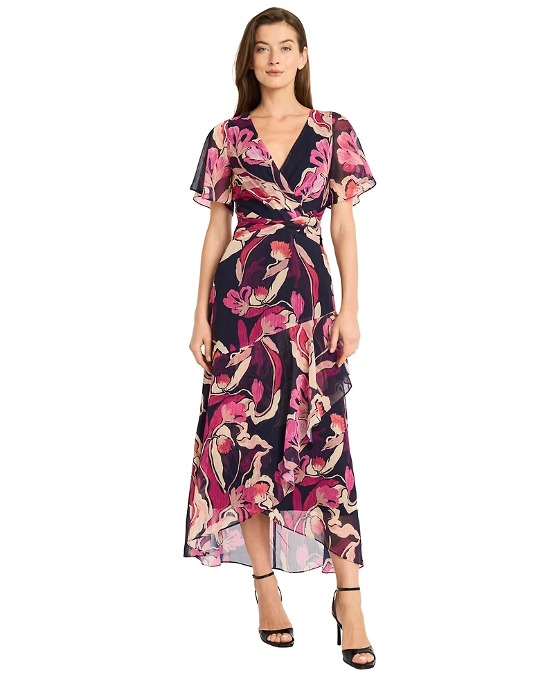 Maggy London Women's Printed V-Neck Midi Fit & Flare Dress