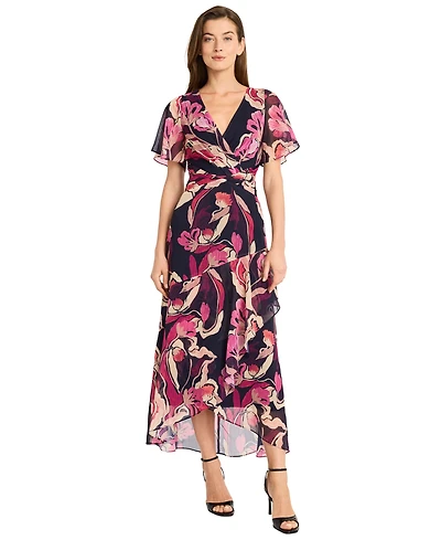Maggy London Women's Printed V-Neck Midi Fit & Flare Dress