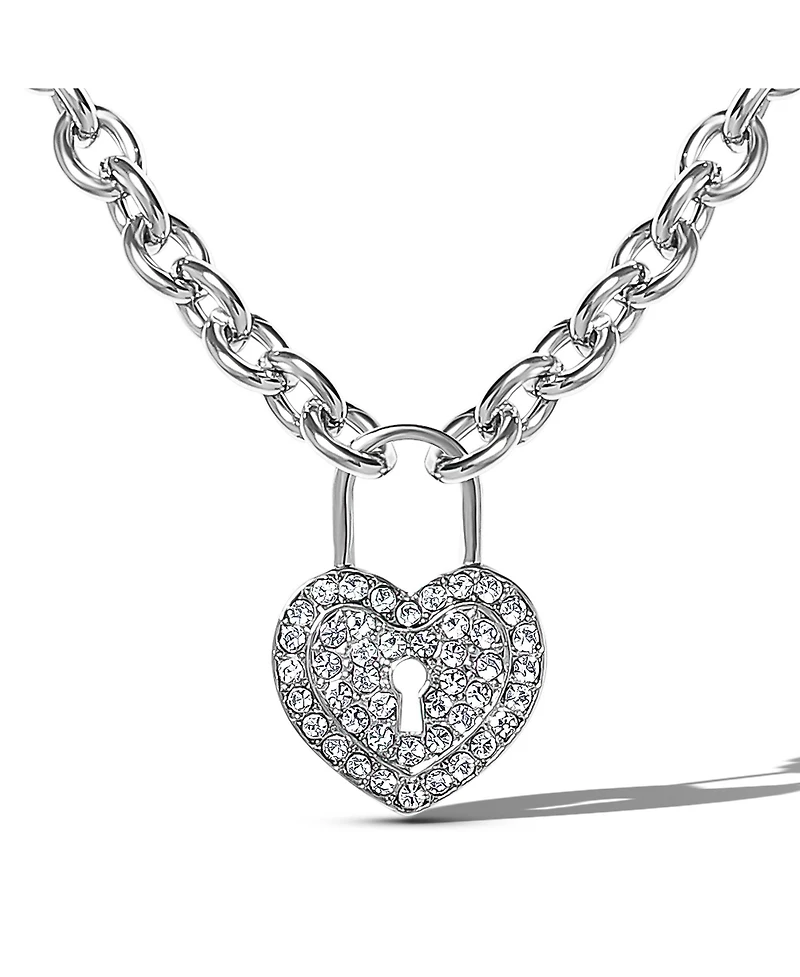Jessica Simpson Silver-Tone Pave Crystal Heart Lock Necklace