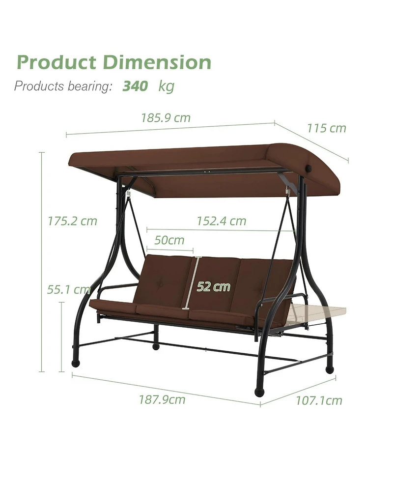 Boyel Living 3-Person Metal Patio Swing Outdoor Porch Chair for Adults Garden Backyard Deck
