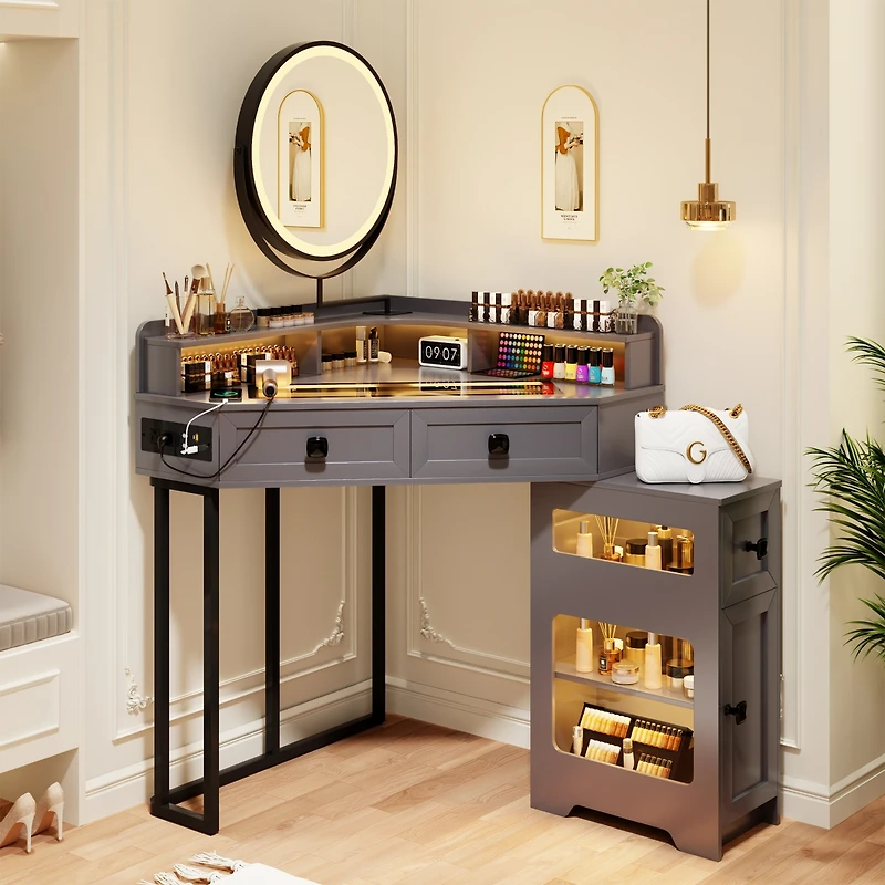 Vlsrka Farmhouse-style dressing table with mirror and lights, featuring a glass top.