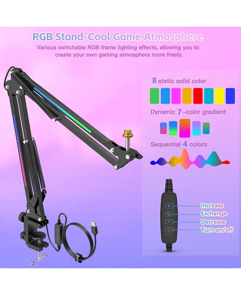 ZealSound Rgb Microphone Arm Stand,Mic Arm with Rgb Light for QuadCast/Blue Yeti/Snowball/Shure SM7B/Rode NT1/Elgato,Rotatable Suspension Boom Scissor