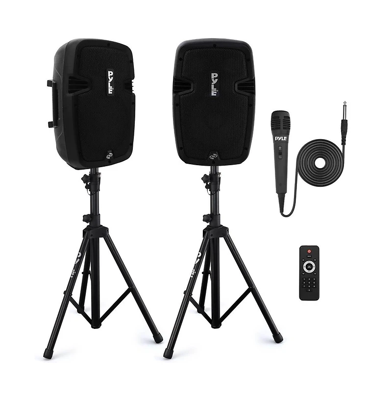 Pyle 350W Powered Bluetooth Pa Speaker Kit – Active & Passive Speakers, Mic, Stands, Remote, MP3/Usb/Sd/Aux Inputs – Plug & Play (PPHP84