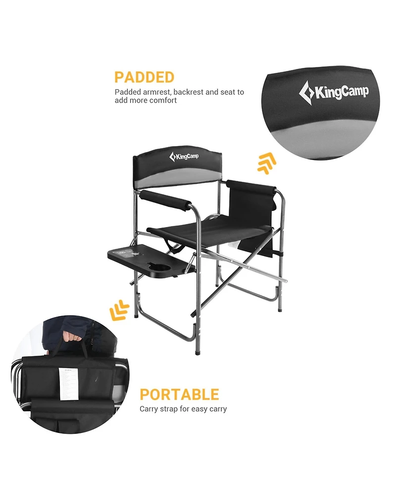KingCamp Padded Outdoor Folding Chair with Table & Pockets, Black/Grey (2 Pack)