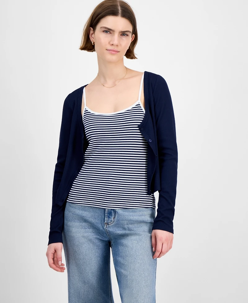 Hippie Rose Juniors' Waffle-Knit Tank Top & Cardigan Set