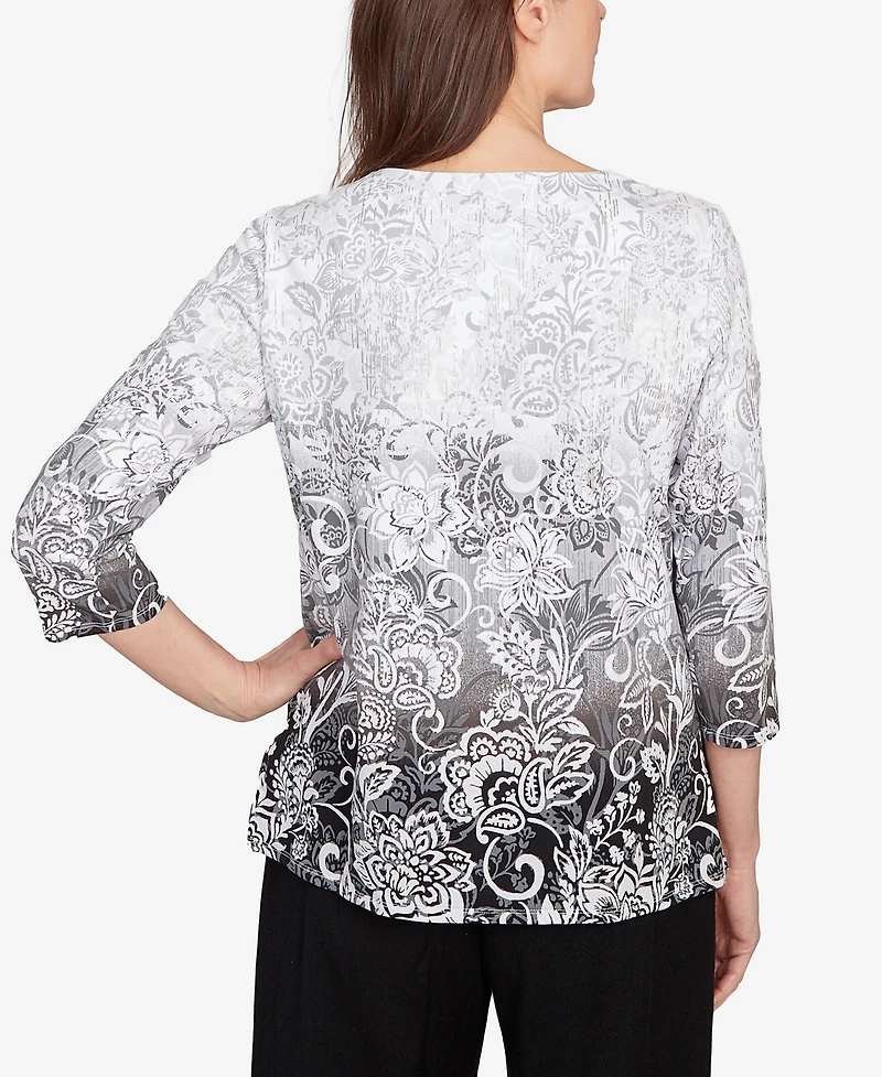Alfred Dunner Women's Ombre Scroll Split Beaded Neck Top