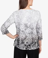 Alfred Dunner Women's Ombre Scroll Split Beaded Neck Top