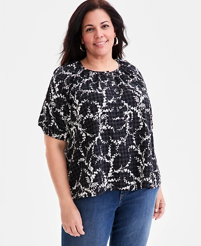 Style & Co Plus Printed Puff-Sleeve Top, Exclusively at Macy's