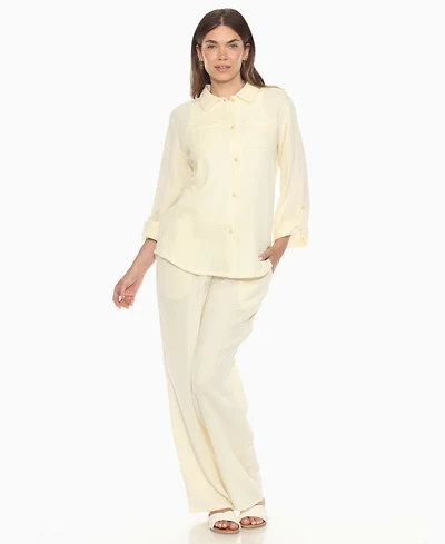 White Mark Women's Long Sleeve Button Down Cotton Gauze Set