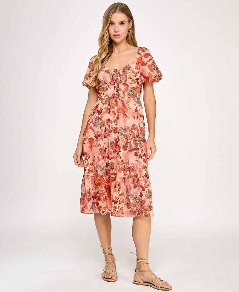 City Studios Juniors' Printed Lace-Up Front Midi Dress