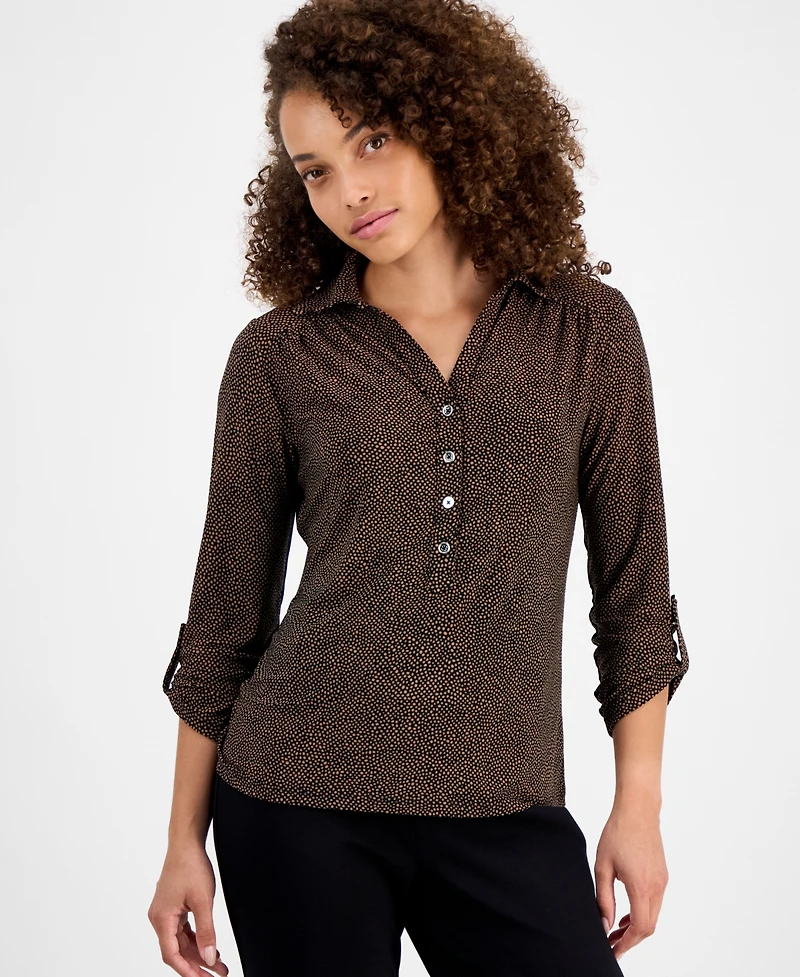 Ak Anne Klein Petite 3/4-Sleeve Roll-Tab Collared Top