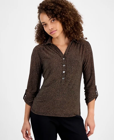 Ak Anne Klein Petite 3/4-Sleeve Roll-Tab Collared Top