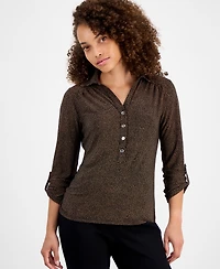Ak Anne Klein Petite 3/4-Sleeve Roll-Tab Collared Top
