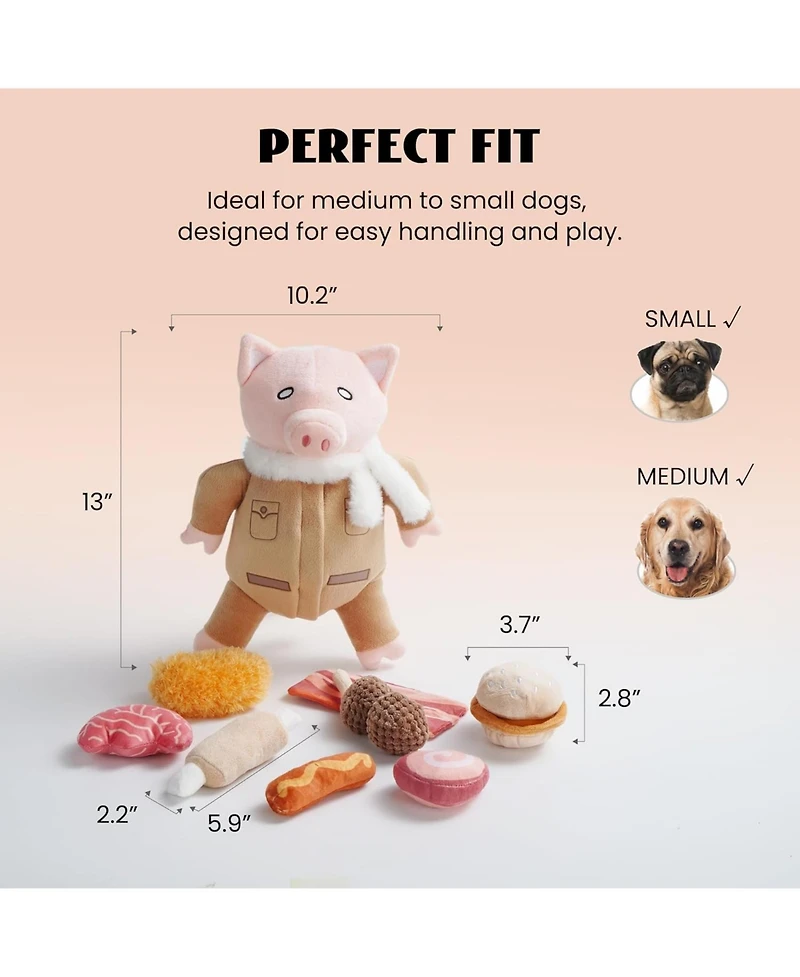 Nocciola 9-in-1 Pig Plush Dog Toys,Funny Piggy Puzzle Toy with 8 Pork Food Squeaky & Crinkle Toys,Stimulating Enrichment Toys for Small Medium Dogs