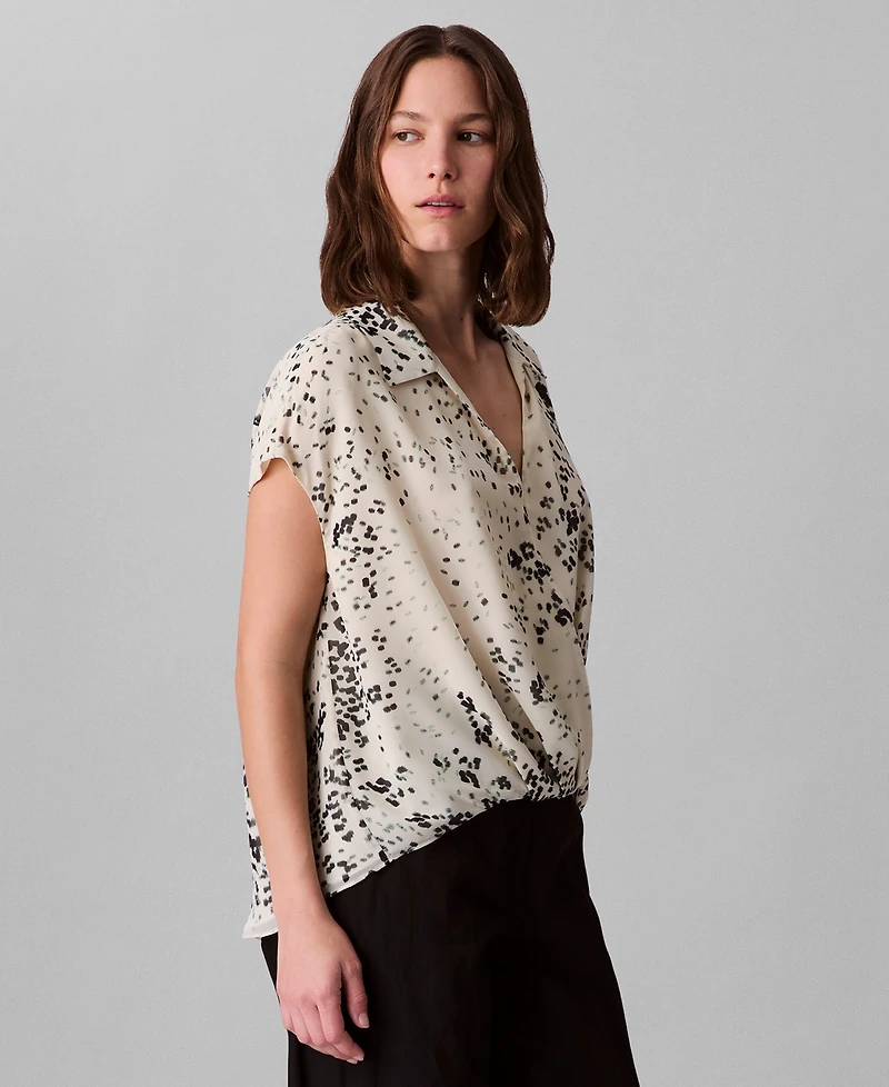 Calvin Klein Women's Printed Chiffon Faux-Wrap Cap-Sleeve Top