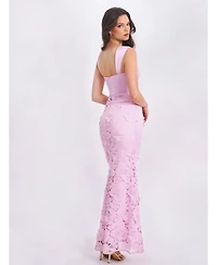 Miss Circle Women's Dahlia Pink Floral Lace Mermaid Gown