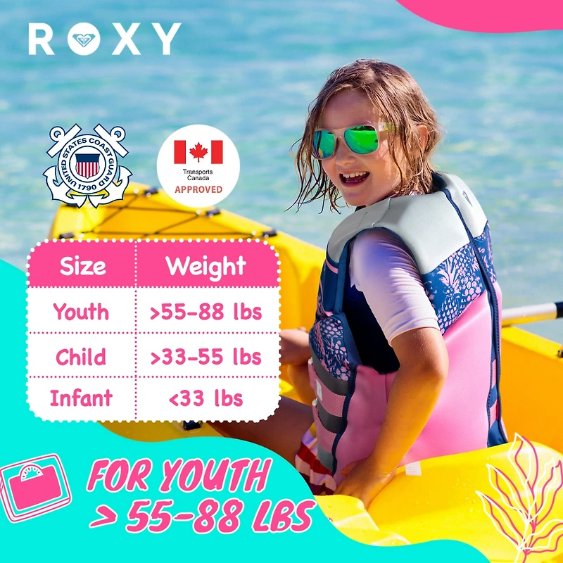 Roxy Youth Life Vest, Uscg Approved Evoprene Daily Cga Life Jacket, for Girls 55-88 lbs