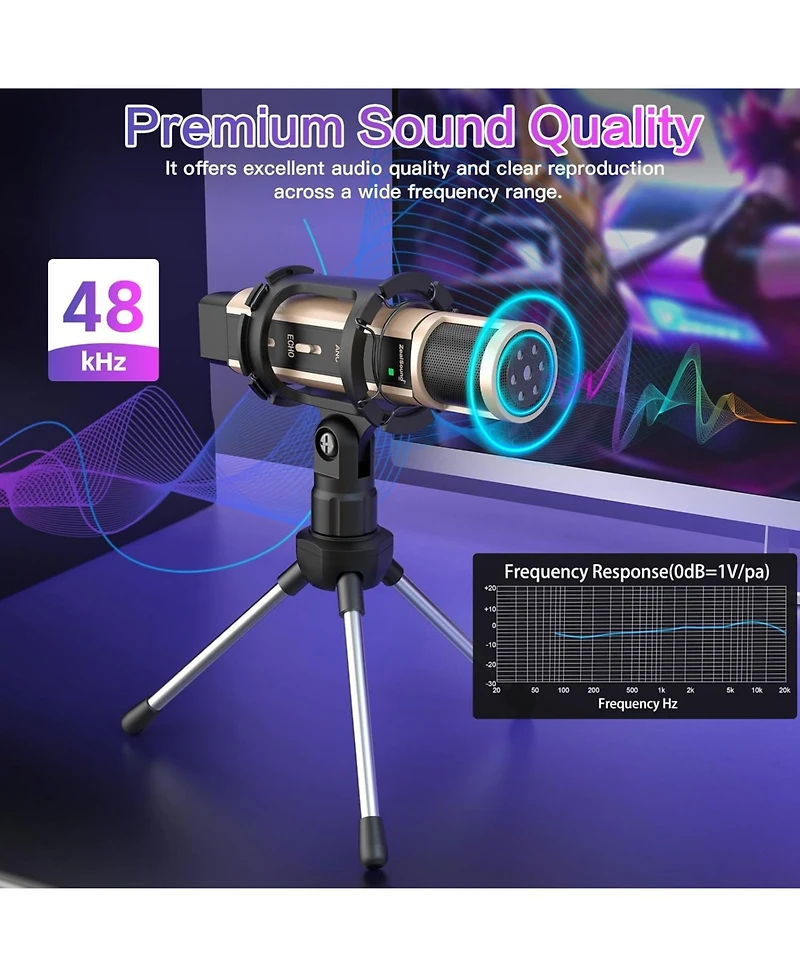 ZealSound Usb & 3.5mm Microphone with Type-c Adapter, Echo Volume, Tripod Stand, Pop Filter for Asmr, Video Recording, Streaming, Discord