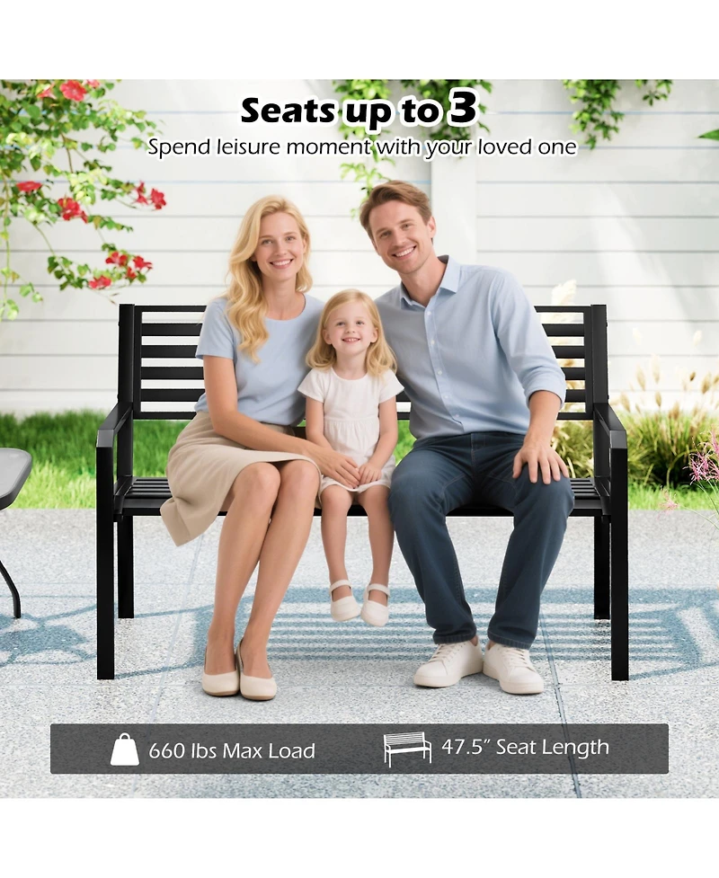 Gymax 50'' Outdoor Metal Park Bench for 2-3 People w/ Armrests & Backrest for Backyard